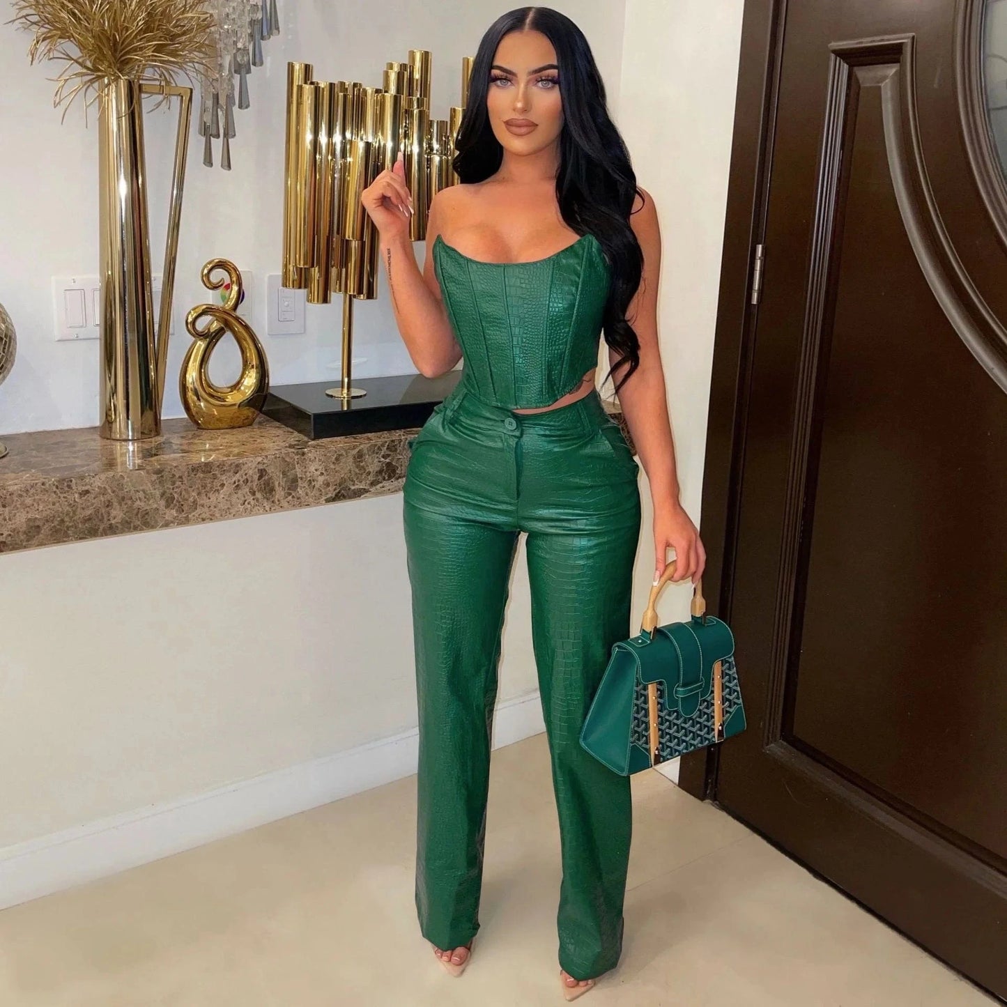 S / 2 J&H High Quality New Arrivals 2024 Summer Sexy Tube Top Pu Leather Straight Pants Fashion Street 2 Piece Set