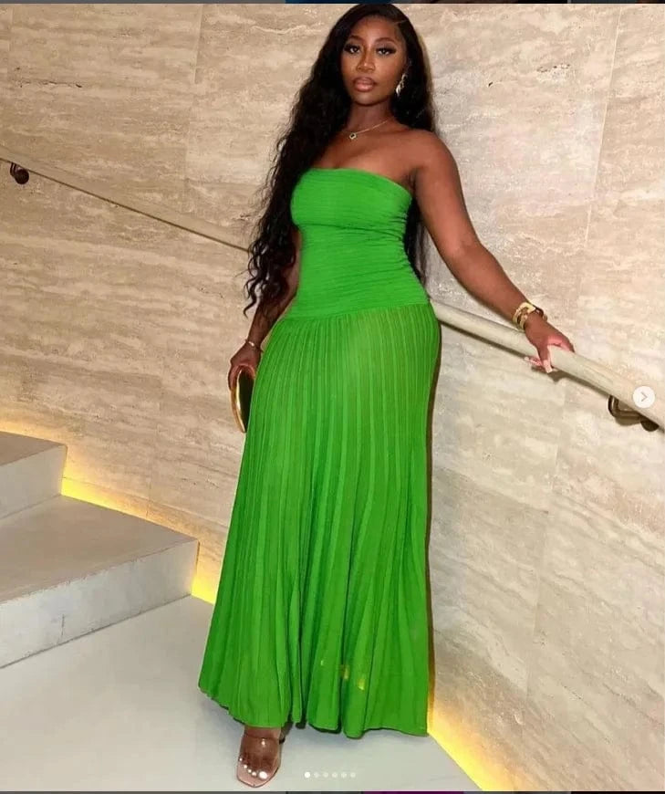 S / 2 ZHEZHE Summer 2024 Tube Top Strapless Pleated Long Skirt Dress Solid Shinny Casual Maxi Dresses