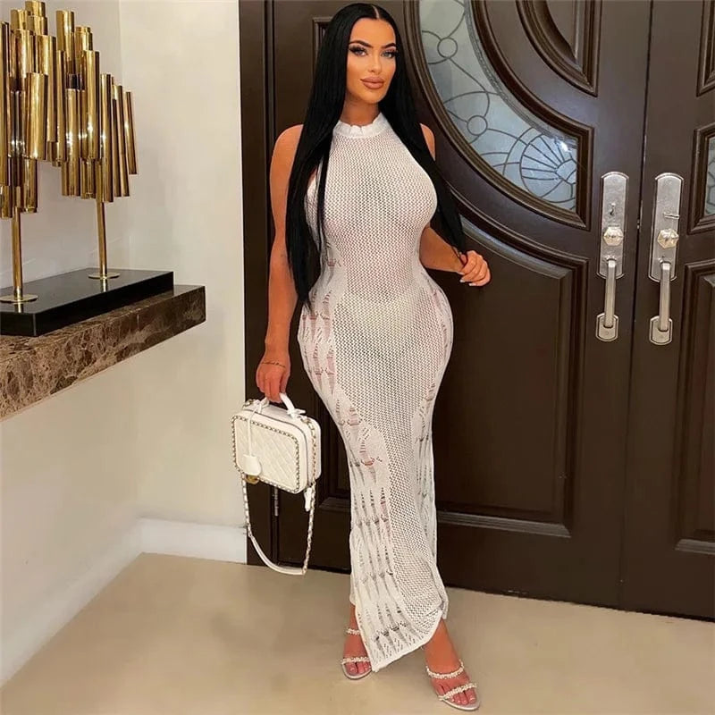 S / 23DS062810 white CUTENOVA 23DS062810 Sexy Knitted Solid  2024 Summer Sundress Girls Maxi Tank Dress Dresses Women Clothing