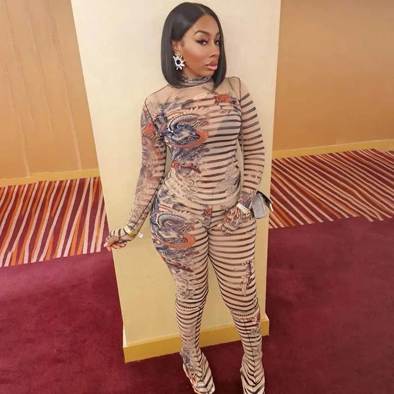 S / 23ST123002 nude Cutenova 23ST123002 Retro Punk Printed 2024 Fashion Mesh Leggings Set Tight Fit 2 Piece Set Women'S Sets