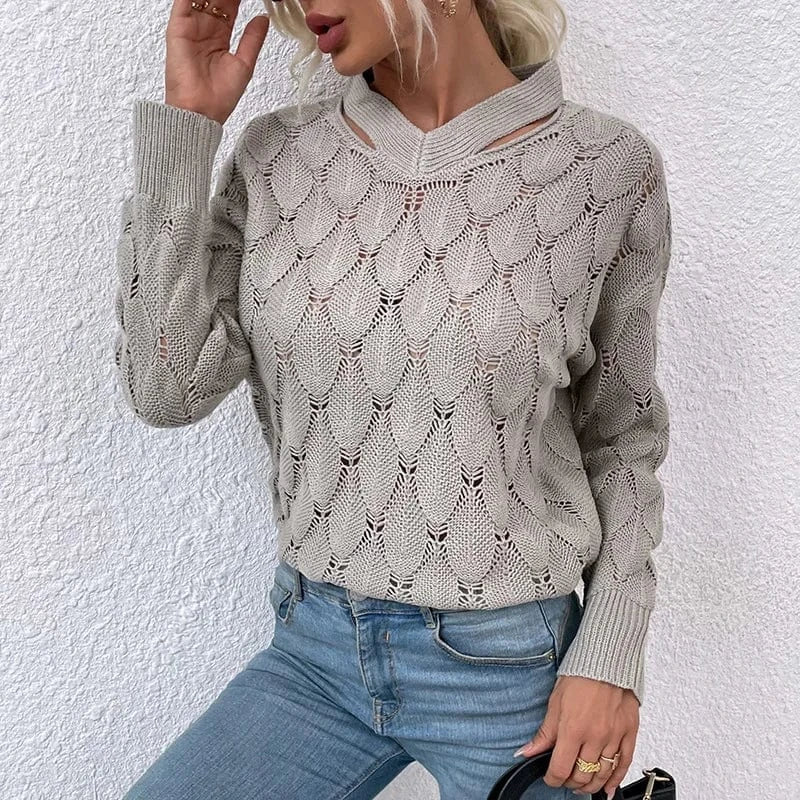 S / 3 2024 New Trendy Knit V-Neck Off-Shoulder Floral Sweater Women's Autumn Winter Tops Lady Clothing