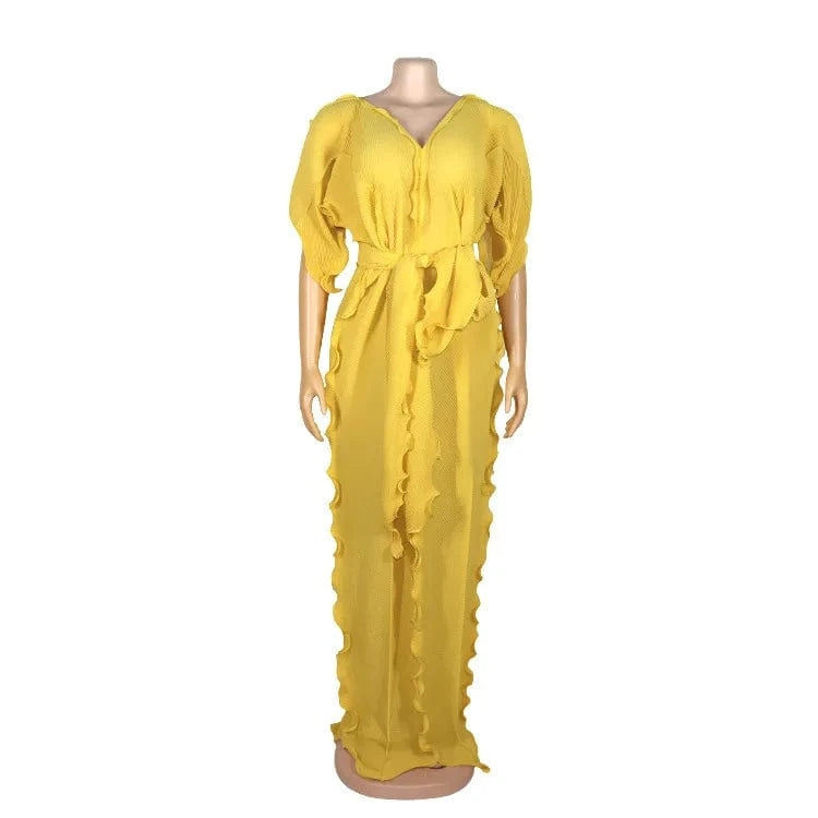 S / 3 J&H 2024 Half Sleeve Ruched Lace Up African Women's Dress Sexy V-Neck Pleated Ruffled Edge Pearl Chiffon Dress