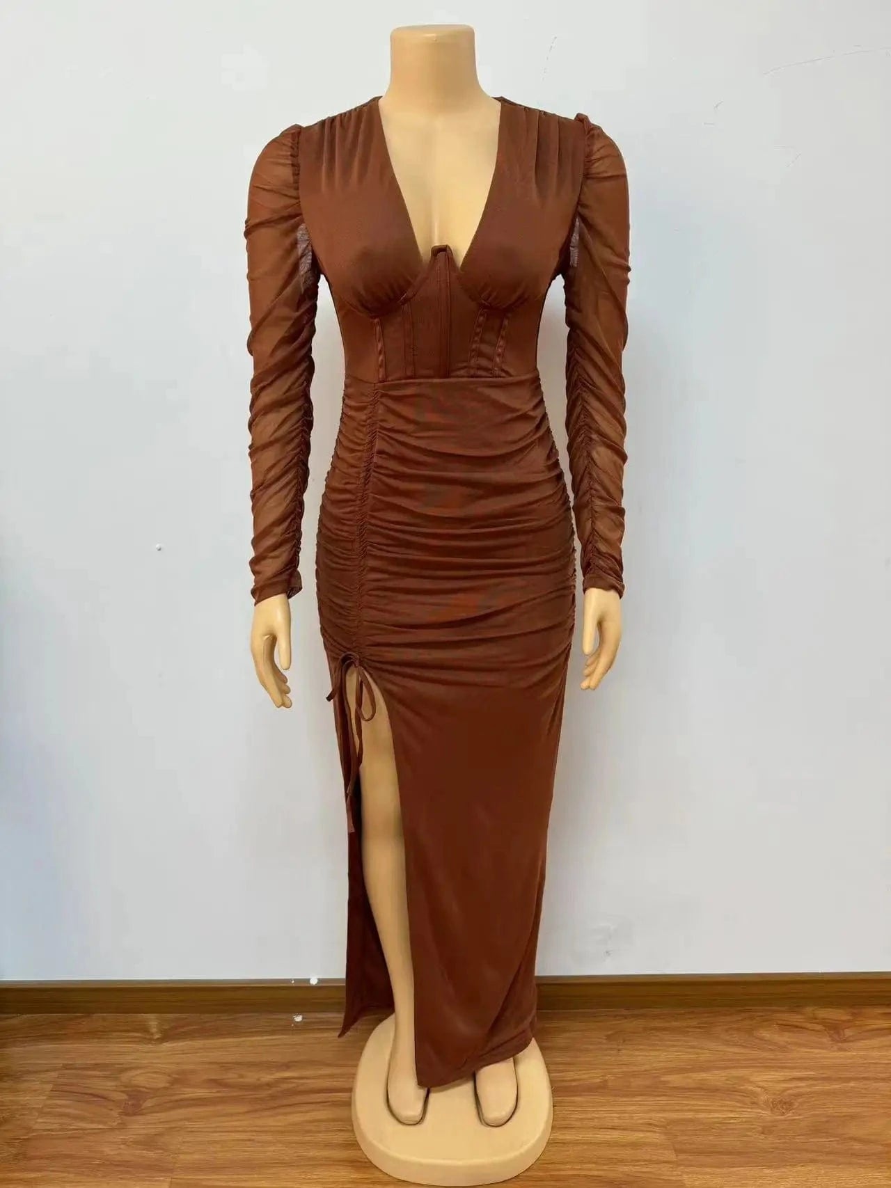 S / 3 J&H 2024 Spring Summer Chic Women's V-neck Long sleeved Wrapped Hip Long Dress Sexy Slim Fit Pleated Split Dress