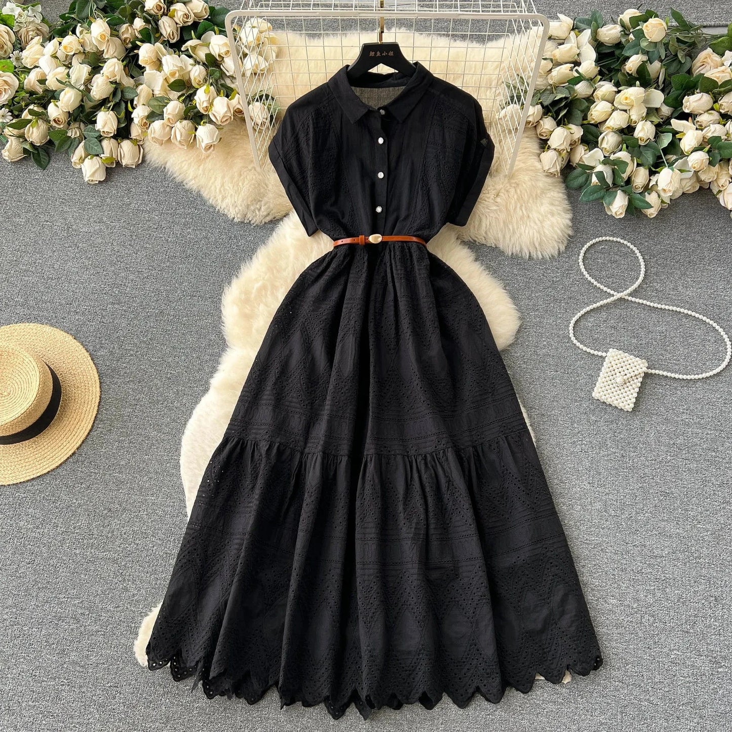 S / 3 J&H 2024 Summer New Design Solid Embroidery Hollow Out Turn-down Collar Short Sleeve Women Dresses Clothing