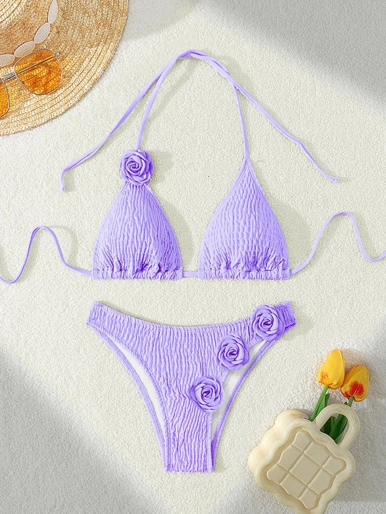 S / #3 Manufacturer Custom Swimwear 2024 Solid Color 3d Flower Bikini Sexy Bikini Beach Vacation Split Swimsuit Womens Swimming Shorts