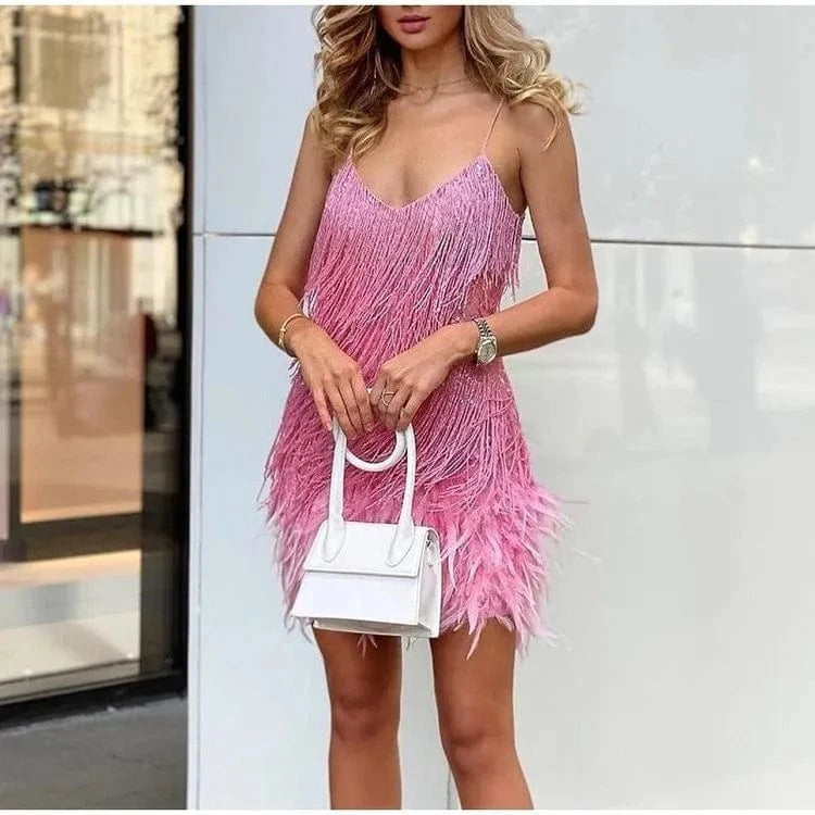 S / 4 2024 New Sexy Tassel Sequins Feather Mini Dress Women Spaghetti Strap Stitching Dresses Female Elegant Evening Party Club Dress