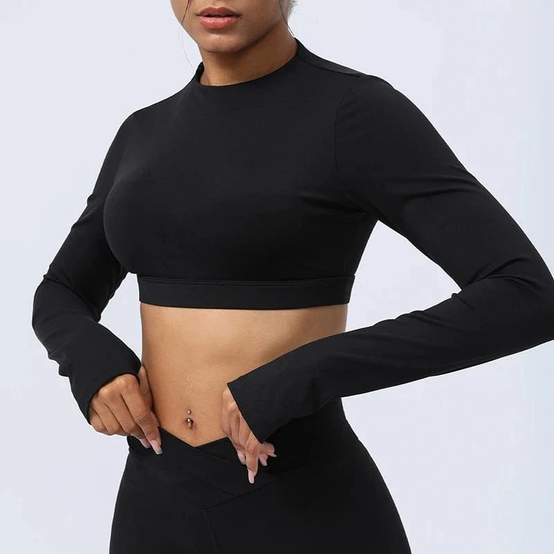 S / 4 2024 New Women Long Sleeve Removable Pad Back Hollow Out Crop Top Stretch Workout Clothes Quick Dry Gym Wear Shirt For Women