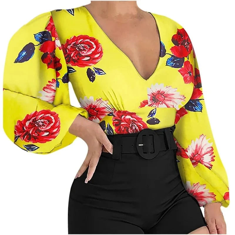 S / 5 2024 T-Shirt Sexy Crop Top spring Elegant Long Sleeve V Neck Ruffle Chiffon Trim Floral Print Shirt Tops Clothing For Women