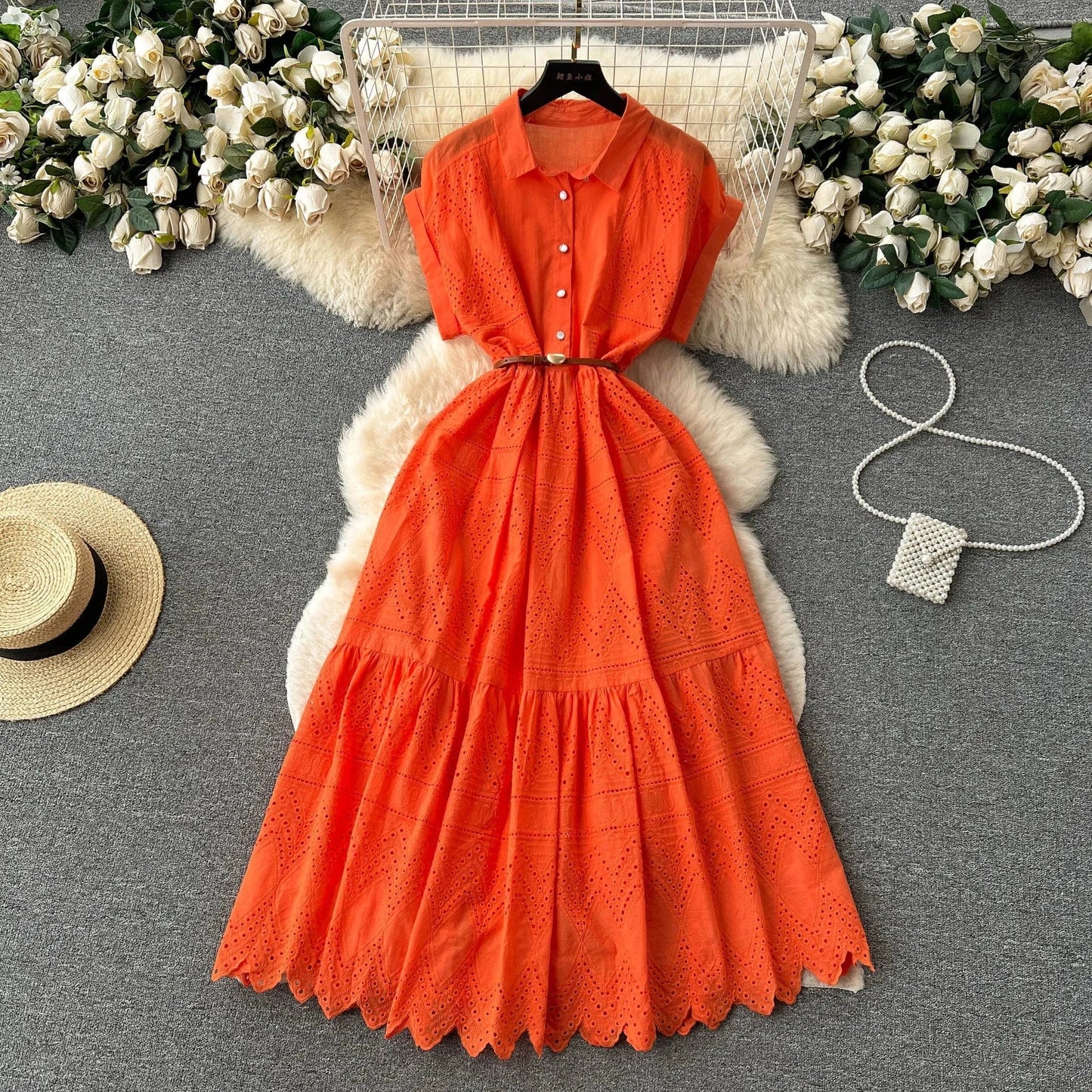 S / 5 J&H 2024 Summer New Design Solid Embroidery Hollow Out Turn-down Collar Short Sleeve Women Dresses Clothing