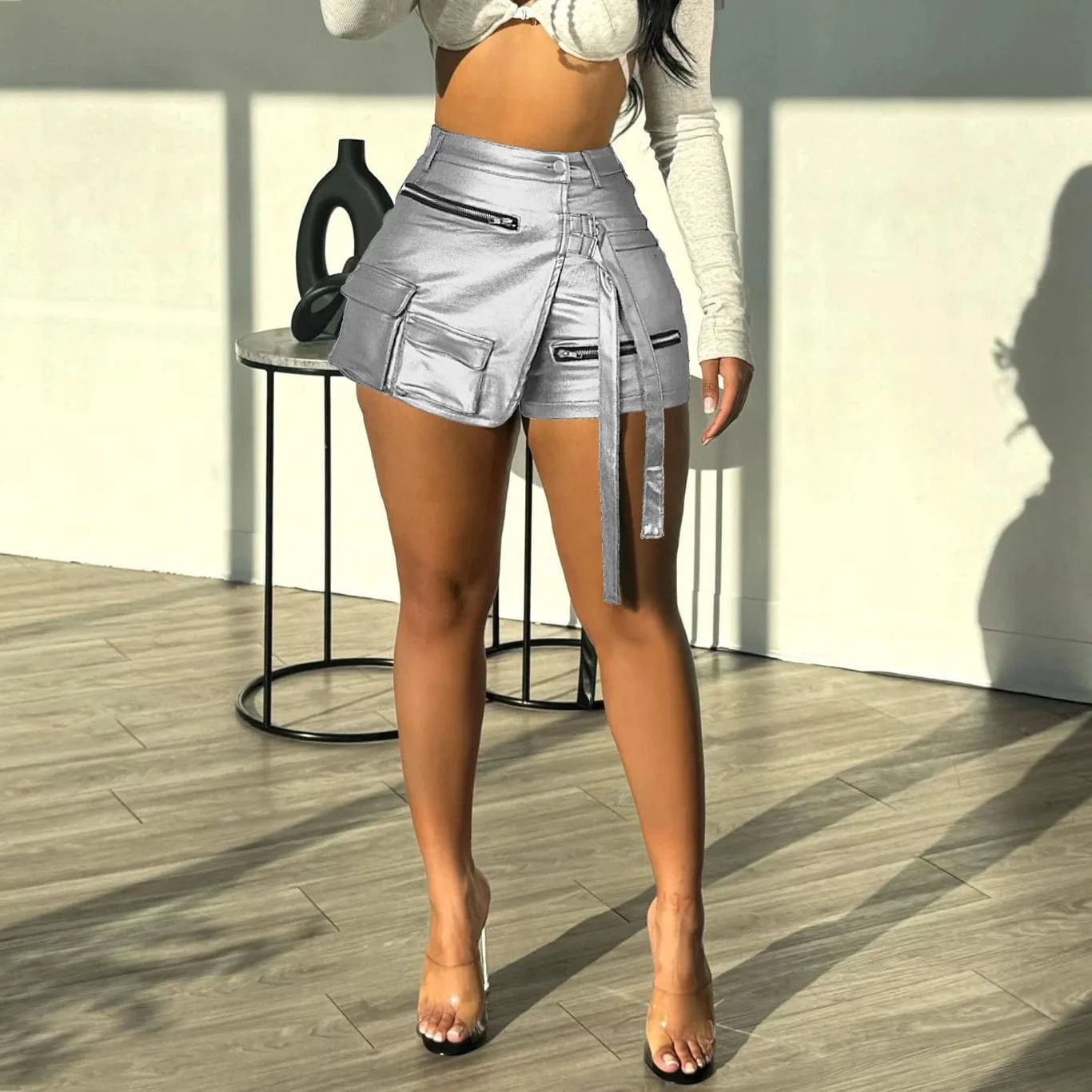 S / 5 J&H 2024 Women'S Summer Hot Pants Fashionable High Elasticity Shinny Leather Multi Pocket A-Line Shorts Skirt