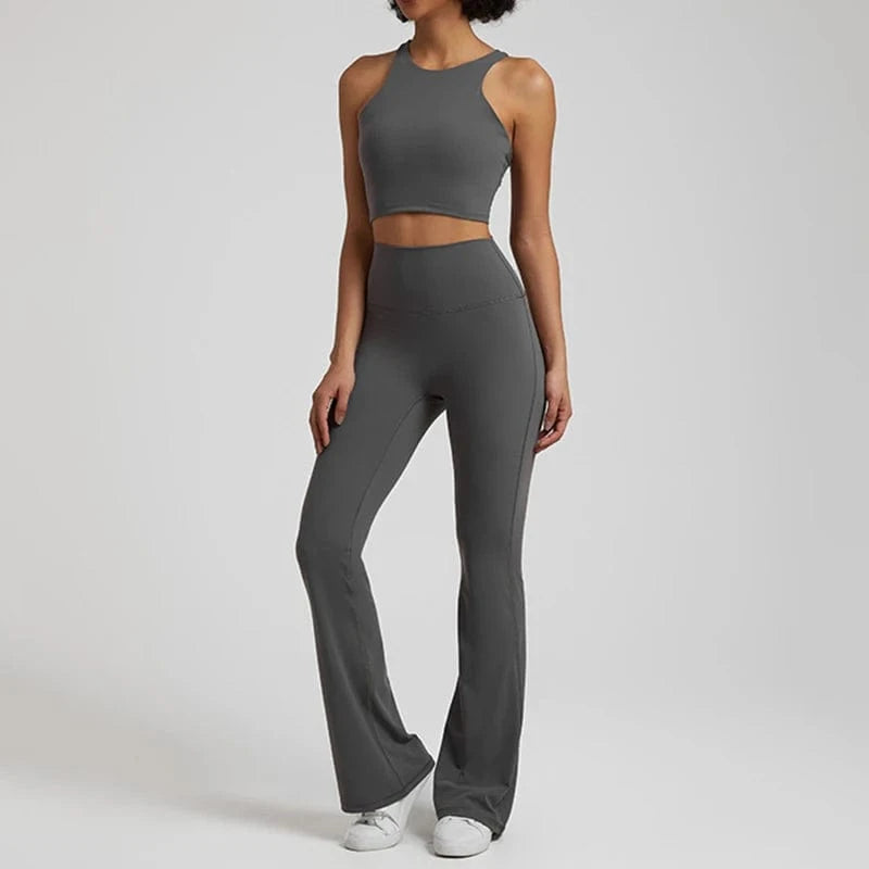 S / 5 Wholesale High Neck Racer Back Sports Bra Wide Leg Flared Pants No Front Seam Line Legging Workout Fitness Gym Wear Yoga Set