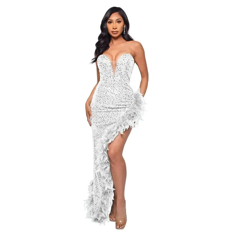 S / #5 Womens Strapless Sequin Feather Dress For Women Elegant Sleeveless Long Bodycon Prom Evening Dresses