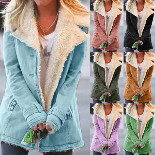 S-5XL Autumn/Winter Solid Color Plush Collar Medium length Coat Collar long windbreaker