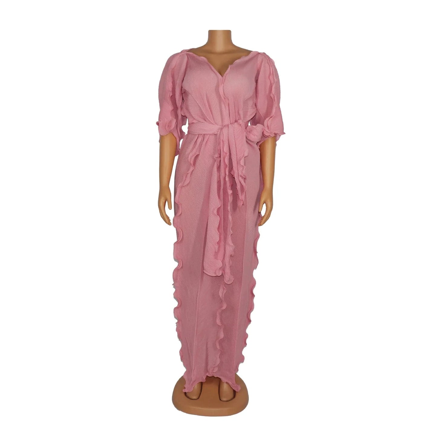 S / 6 J&H 2024 Half Sleeve Ruched Lace Up African Women's Dress Sexy V-Neck Pleated Ruffled Edge Pearl Chiffon Dress