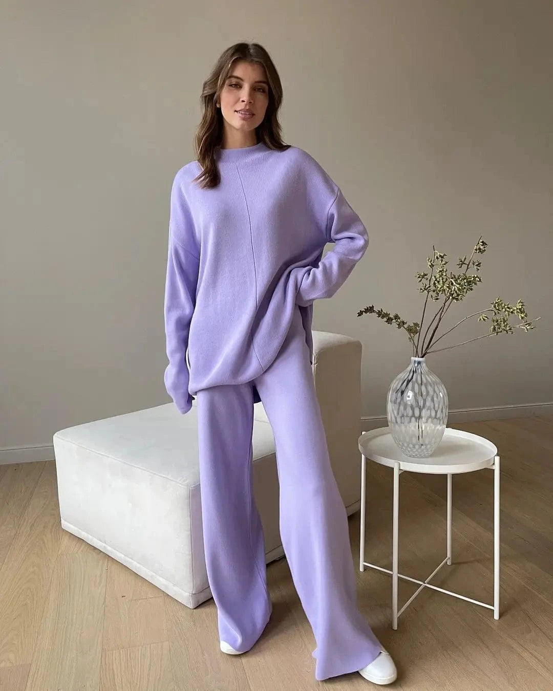 S / 8 2024 Autumn Wholesale Fashion Loose Solid Color Split Top Warm Thick Knit Pullover Long Pants Suit Women's 2 Piece Sweater