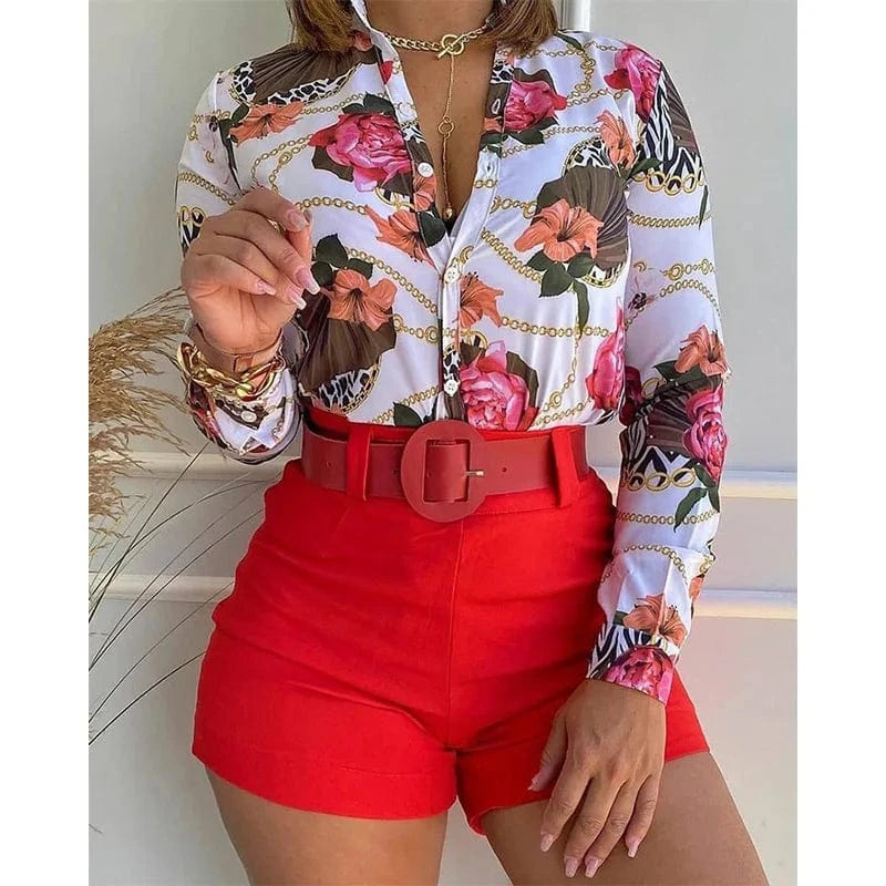 S / 9 Print Long Sleeve Shirt Loose Shorts Sets for Women Two Piece Summer 2022 Outfits Sets Two Piece Blouse Shorts Set Women