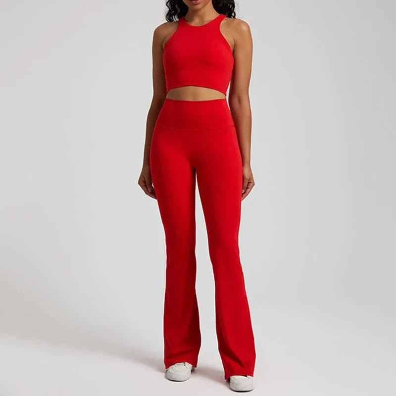 S / 9 Wholesale High Neck Racer Back Sports Bra Wide Leg Flared Pants No Front Seam Line Legging Workout Fitness Gym Wear Yoga Set