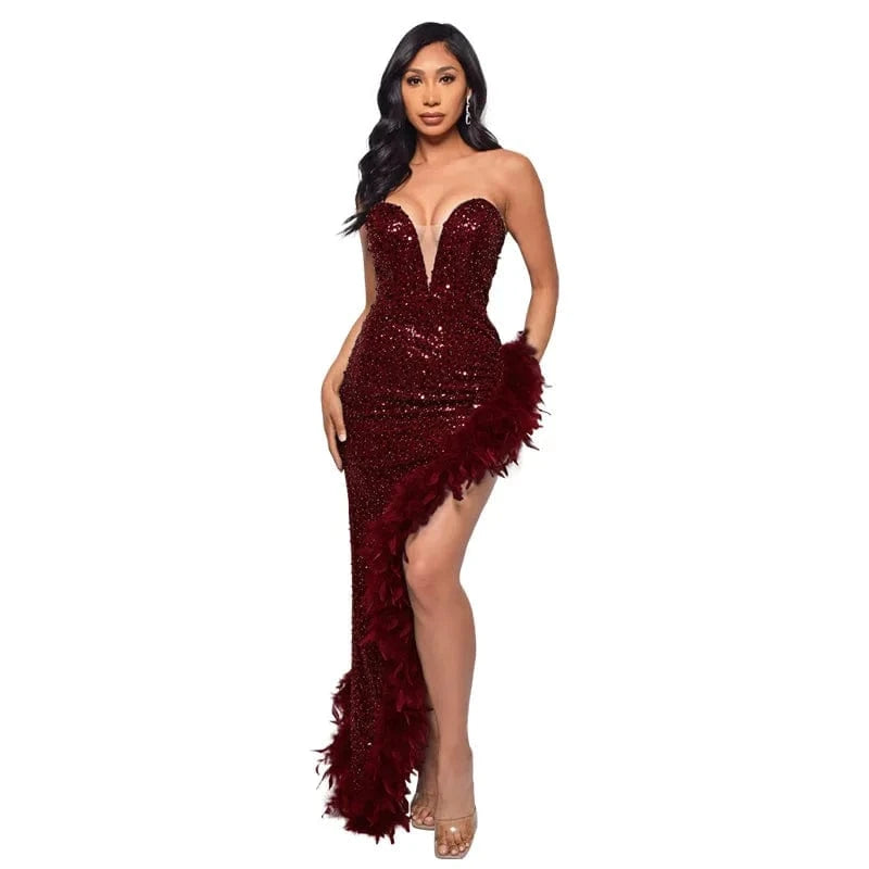 S / #9 Womens Strapless Sequin Feather Dress For Women Elegant Sleeveless Long Bodycon Prom Evening Dresses