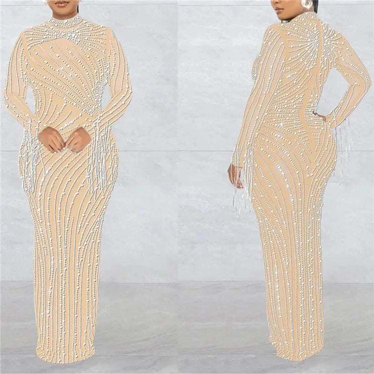 S / Apricot 2024 Summer 2 Piece Set Rhinestone Mesh High Neck Long Sleeve Tassels Bodycon Midi Maxi Long Dress For Women