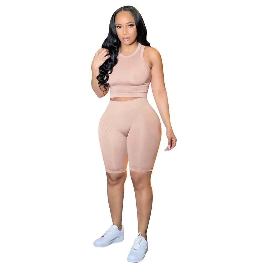 S / Apricot Custom Logo Knit Active Yoga Fitness Women Two 2 Piece Set Outfits Sport Tracksuit Fashion Tank Tops Legging Biker Shorts Set