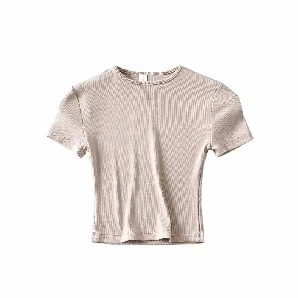 S / Apricot DAMOCHIC High quality Solid Color T Shirts Summer Short Sleeve Basic Blouses Round Neck Short Sleeves Crop Tops T Shirts 2023