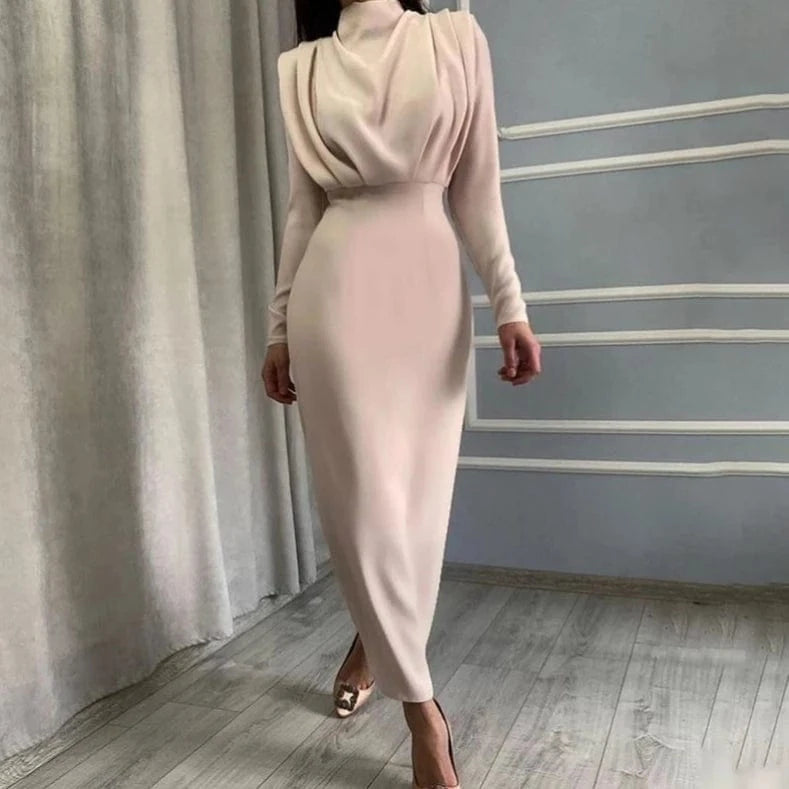 S / Apricot Fashionable Style Evening Formal Long Sleeve Elegant Dress for Women