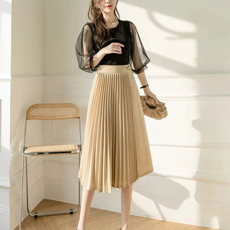 S / Apricot Wholesale Casual Fashion Faldas S-XL Elegant Office Ladies Skirt Patchwork Saias High Waist Pleated Midi Skirts Womens