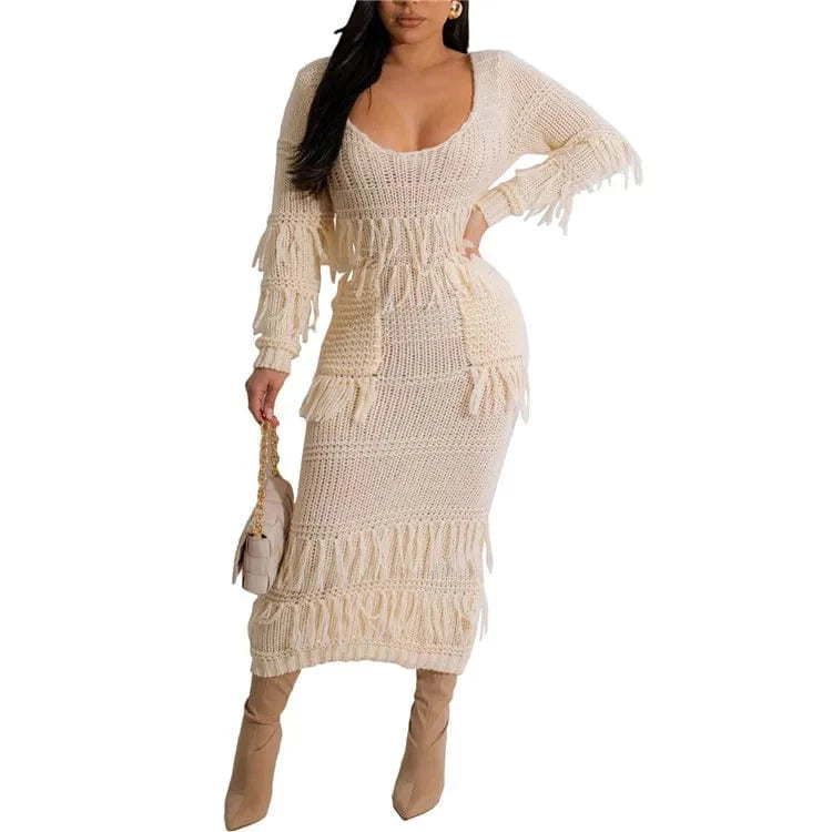 S / Apricot Women Long Sleeve Tassel Bodycon Midi Knit Straight Dress 2024 Autumn Winter O-neck Sweater Vestidos Dresses