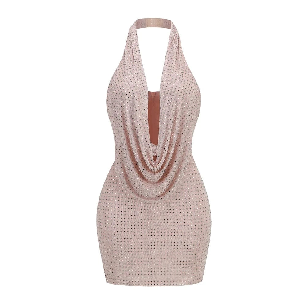 S / Apricot Women's Clothing Sexy Sleeveless Beaded Halter Mini Dresses Hollow Out Party Evening Dress