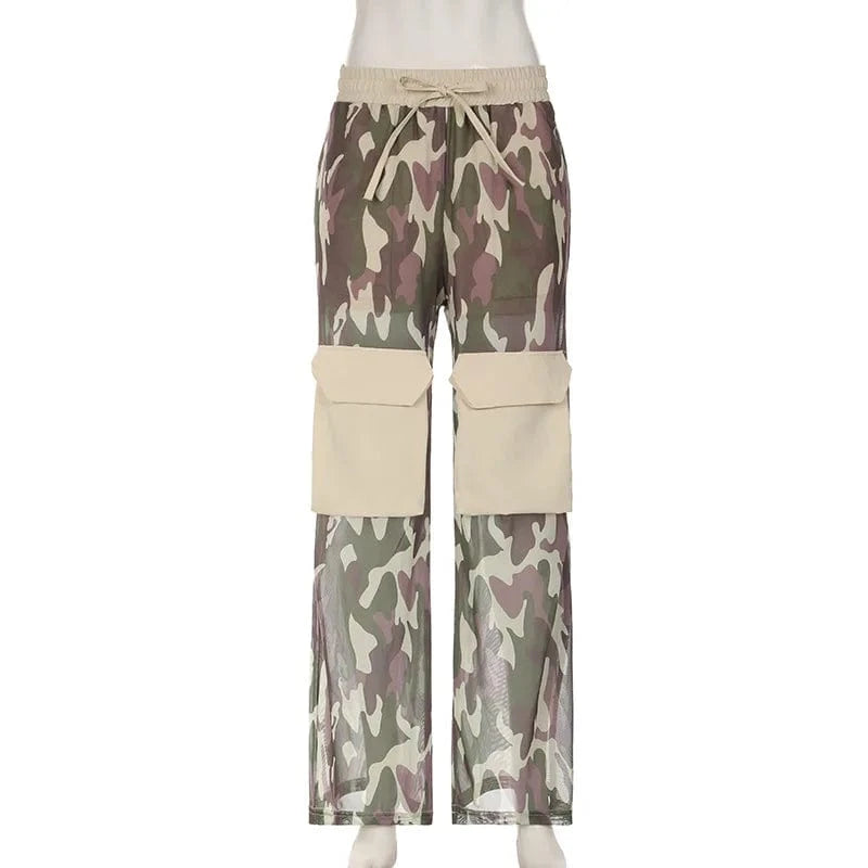 S / Army Green LR05212 2024 New Arrival Fall Camouflage Print Mesh Pants Two Layer Straight Pants Trendy Big Pocket Cargo Pants For Women