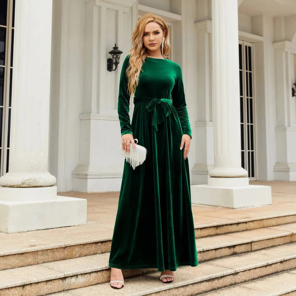 S / Army Green Spring Autumn Hot Sale Velvet Full Sleeve Back Zipper Women Long Casual Dresses Belt Temperament Dress