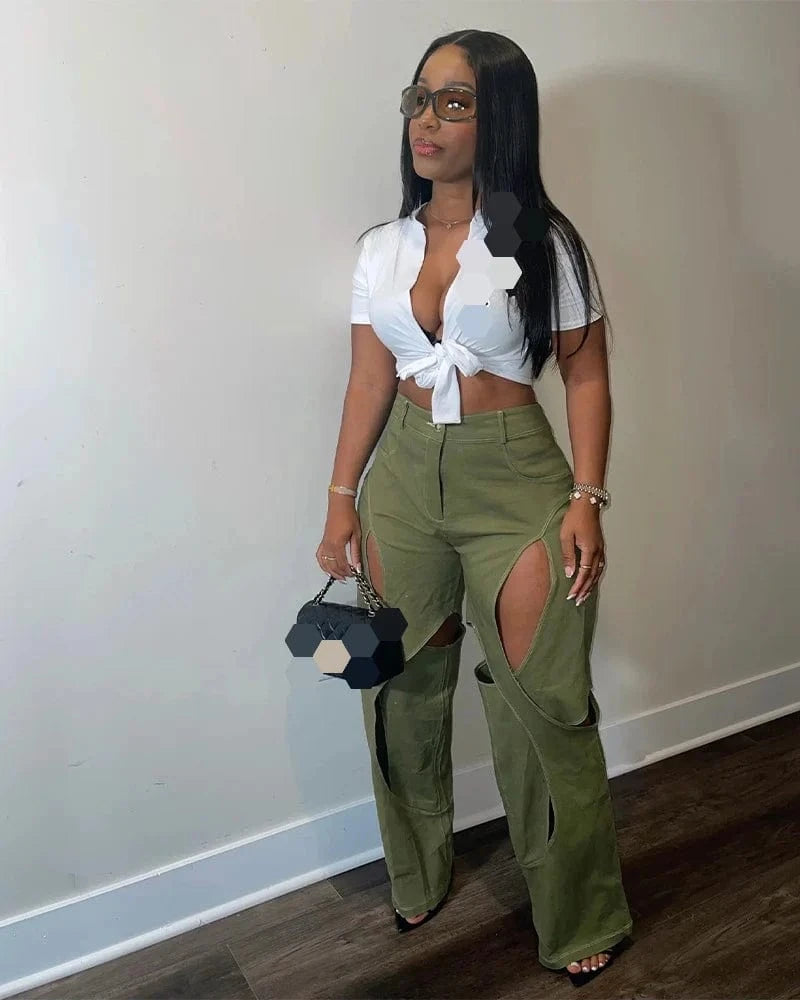 S / Army Green Summer 2023 Womens Clothing Hollow out Pants Women's Fashion Casual Ladies Patchwork Pants&trousers for Women