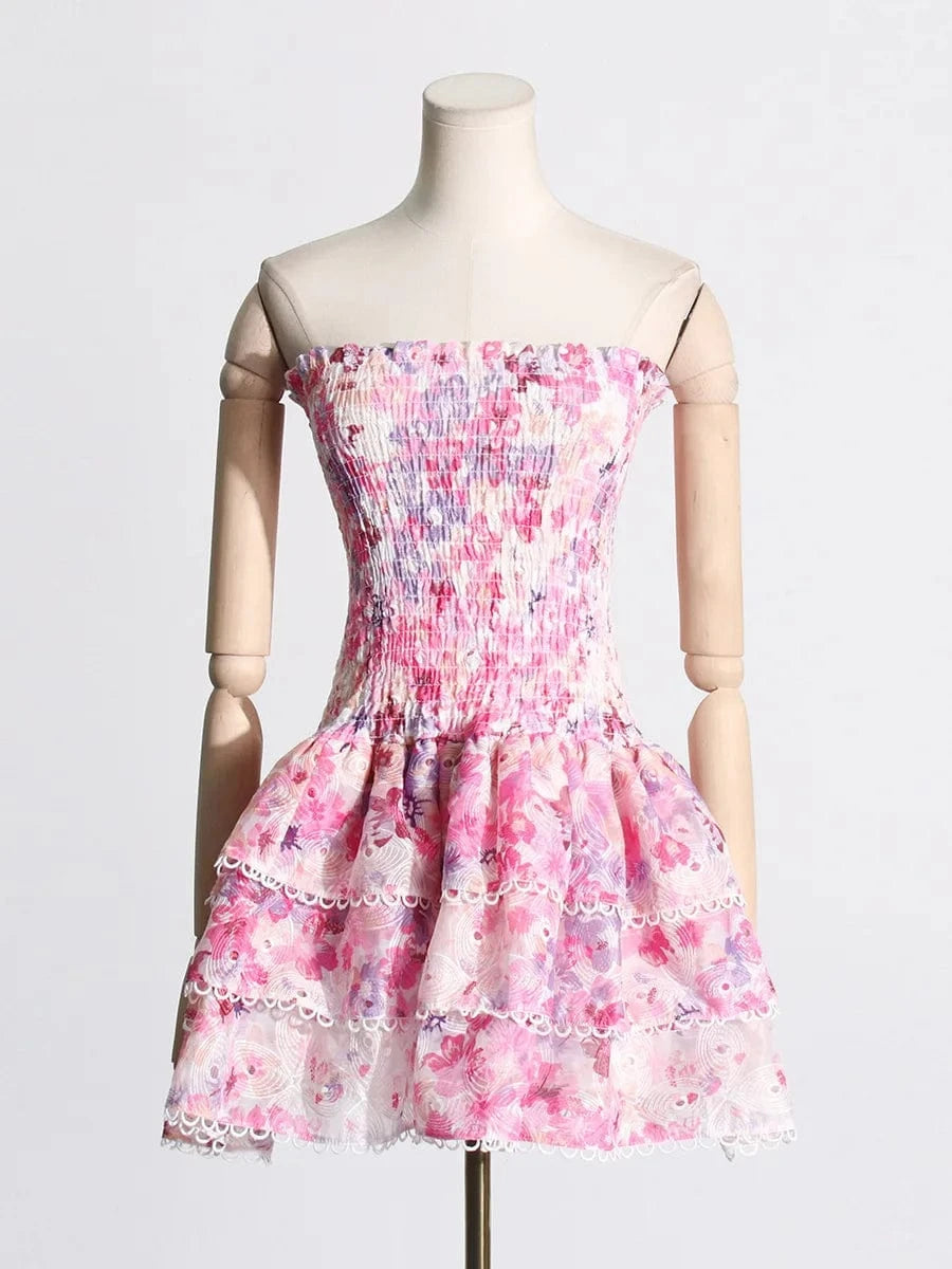 S / as pic Bettergirl Fashion Floral Breast Top Short Pink Dress Women's Clothing 2024 Spring Holiday Casual Sexy Elegant Women's Dresses