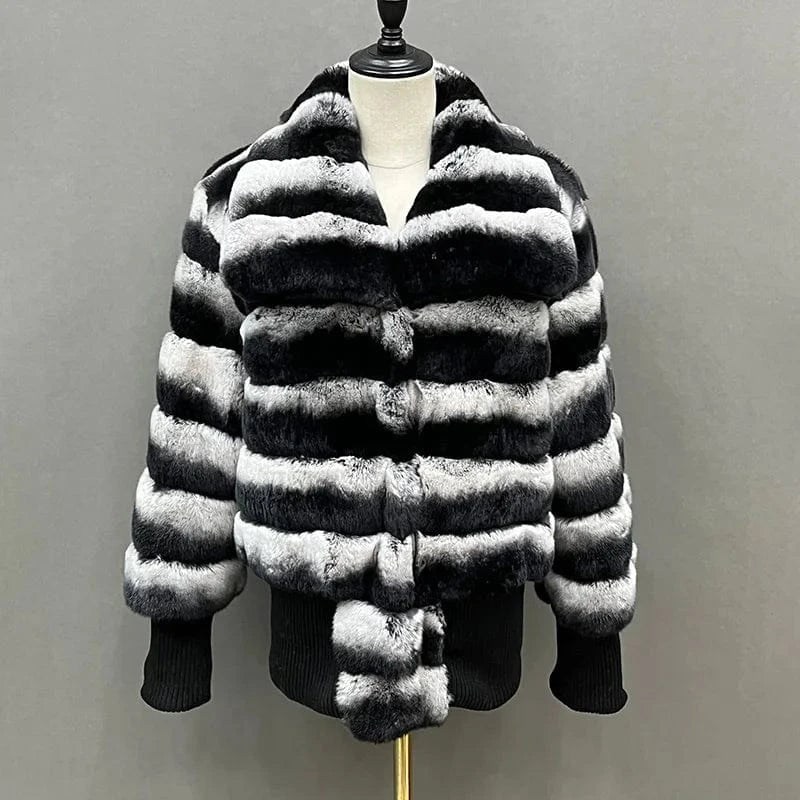S / As Picture Jancoco Winter Luxury Rex Rabbit Fur Jacket Cropped Women Real Chinchilla Fur Coat