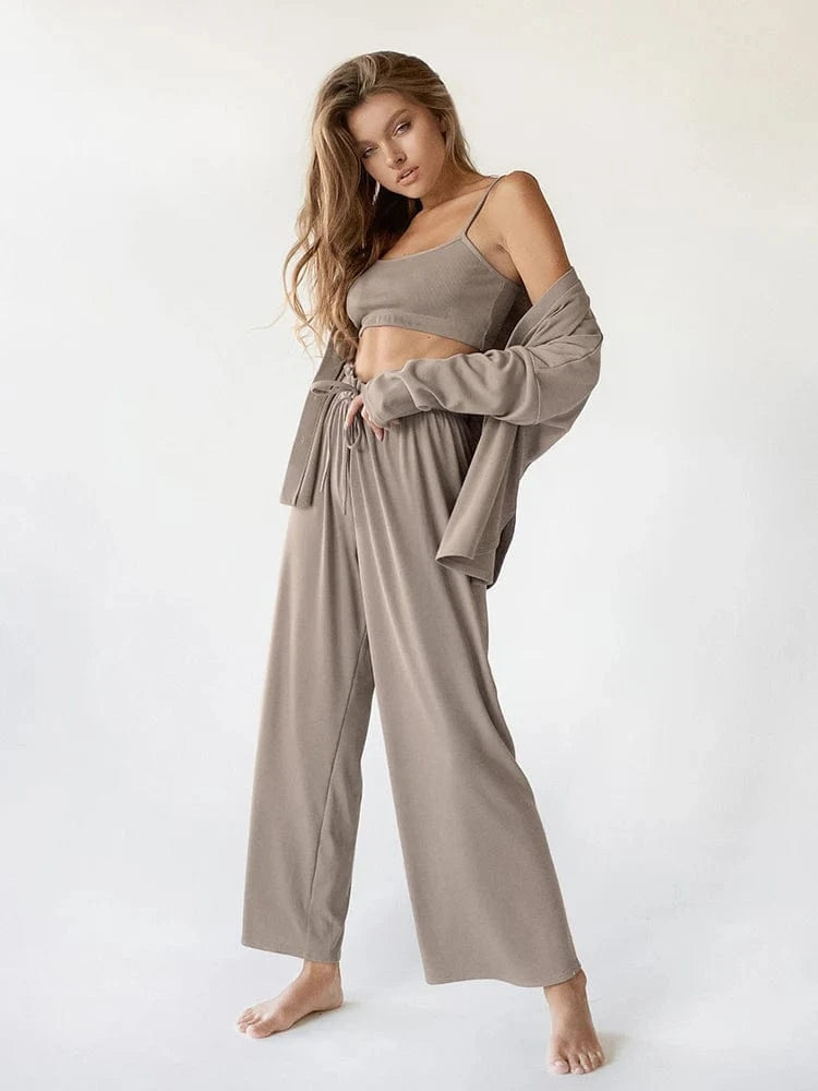 S / Beige 2024 Soft Touch Ribbed Drop Sleeves Sleepwear Pajama Set Winter Sleepwear Outfits Pants 3 Pieces Women's Clothing Sets Loose