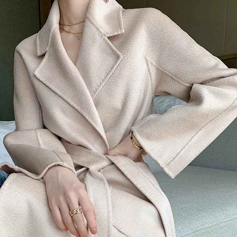 S / Beige Factory Loose Belted Wool Coats Water Wave Turn Down Collar Elegant Women Cashmere Coat