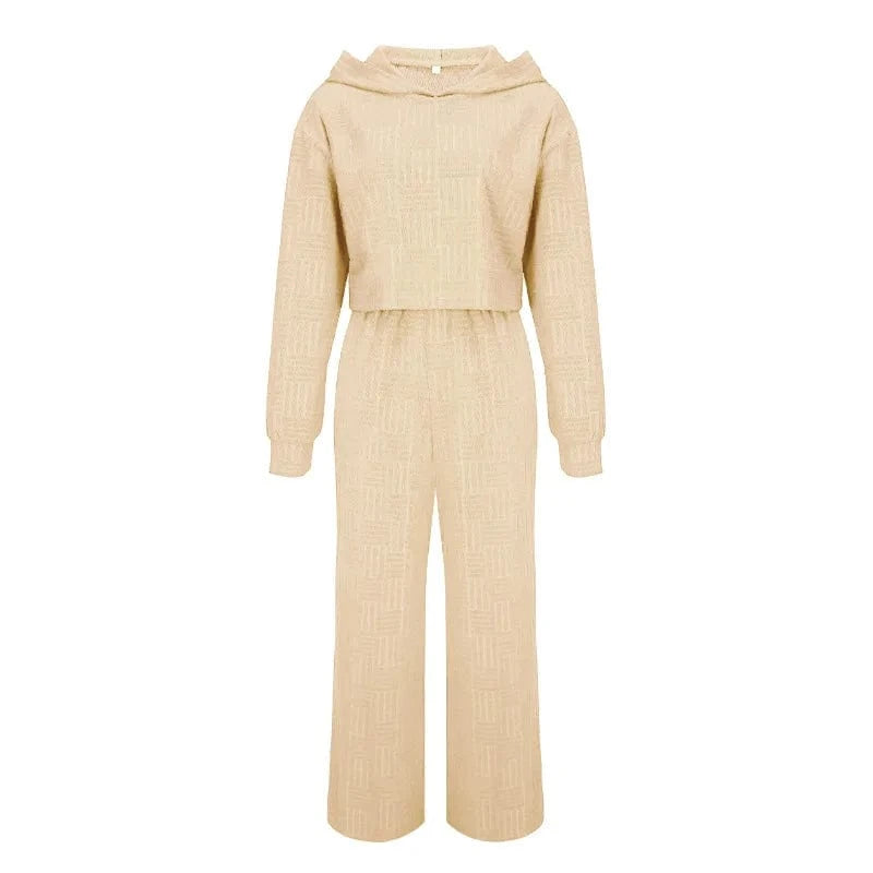 S / Beige Womens Outfits Towel Hooded Sweatshirt Female Sweater Suit Long Sleeve Crop Top High Waist Two Piece Wide Leg Pants Set