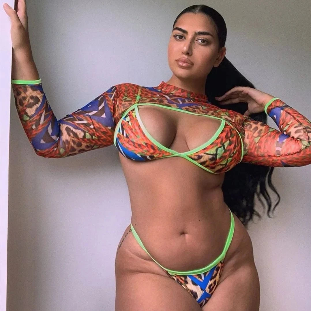 S / bikini + long sleeves S-5XL Plus Size Bikini Split Swimsuit Long Sleeve Bikini Three Piece New Leopard Bikini