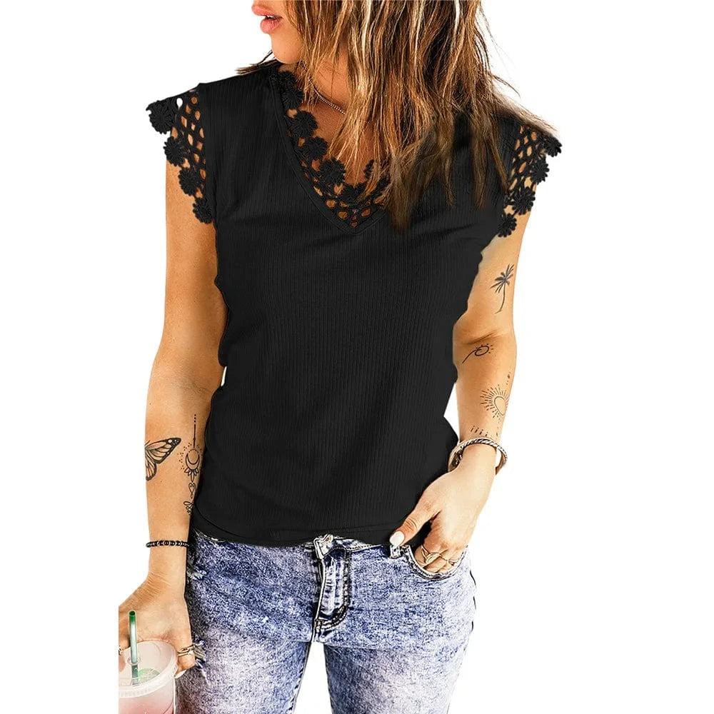 S / Black 2023 New Wholesale Custom Women Tops Clothing Summer Vest Sexy V-Neck Solid Color Ribbed Lace Tank Top