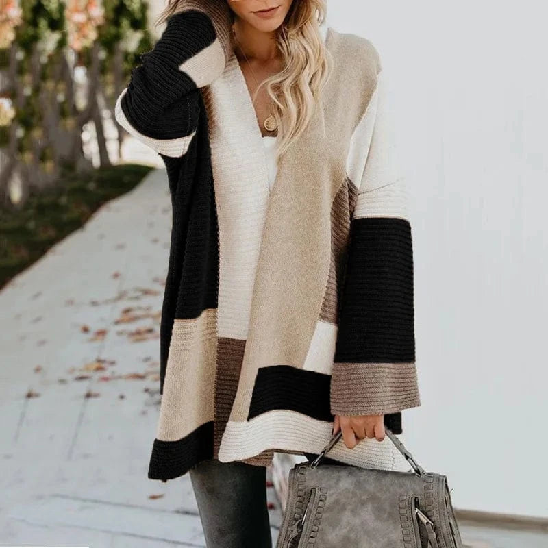 S / Black 2024 Custom Winter New Contrast Mixed Color Stripe Long Sleeve Cardigan Women Sweater Lady Clothing