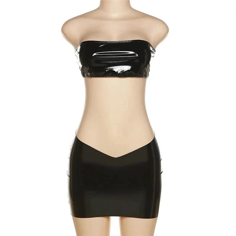 S / Black 2024 New arrivals autumn strapless sexy pu leather clubwear two piece set women clothing