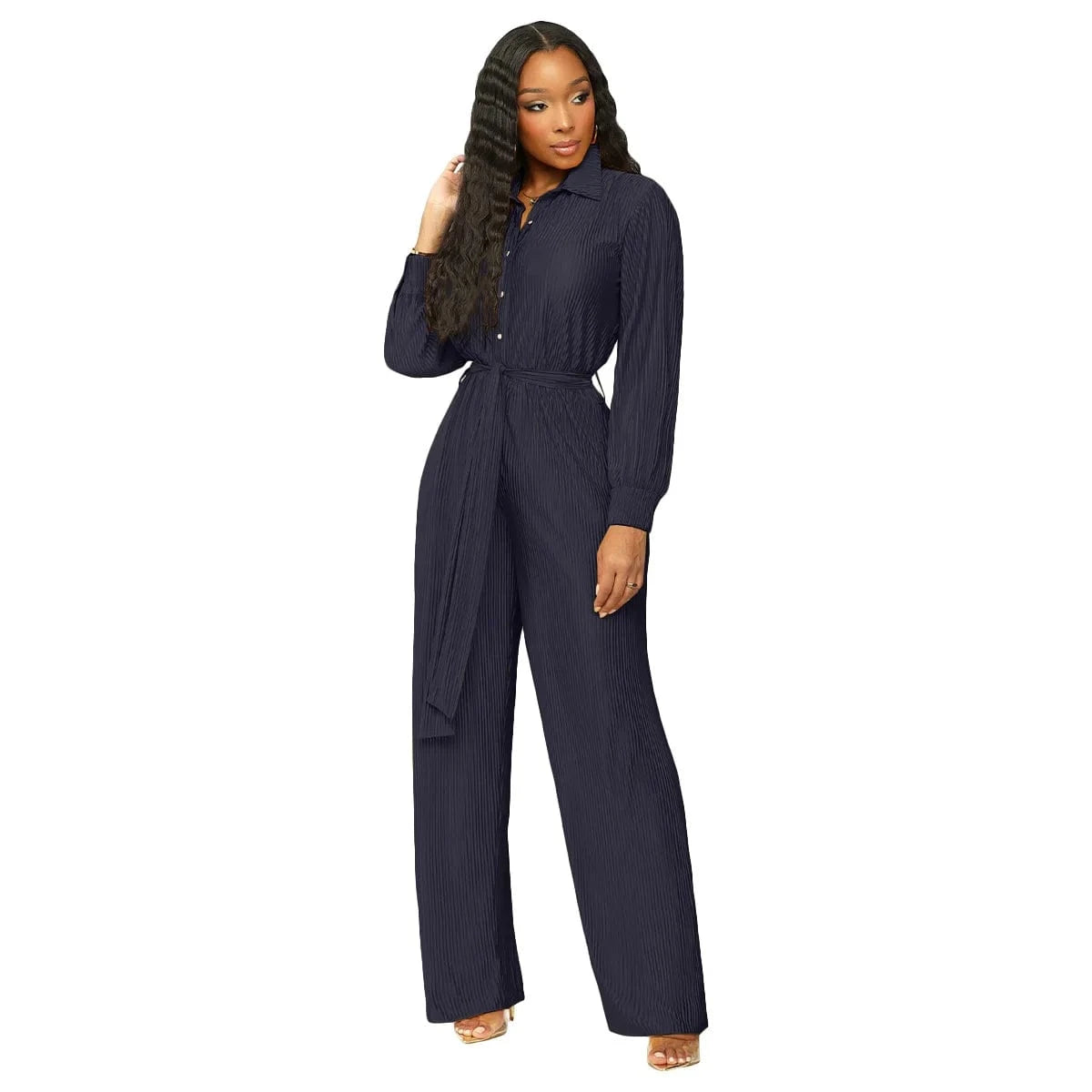 S / Black 2024 New Arrivals Hot Sale Pleat Fabric Women Wide Leg Jumpsuits Long Sleeve Plain Fall Outfit Elegance Slim Fit