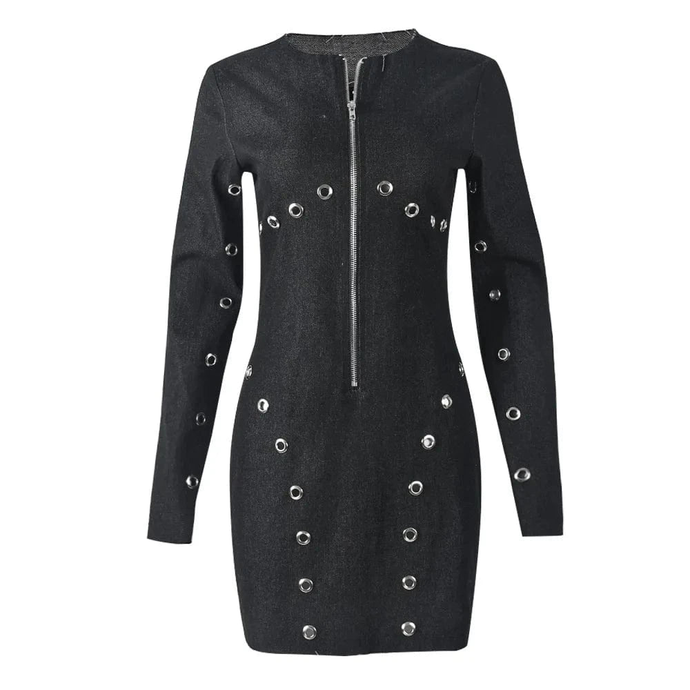S / Black 2024 New Arrivals Trendy Retro Eyelet Casual Dress Long Sleeve Zipper Dress Fashion Denim Bodycon Mini Dresses