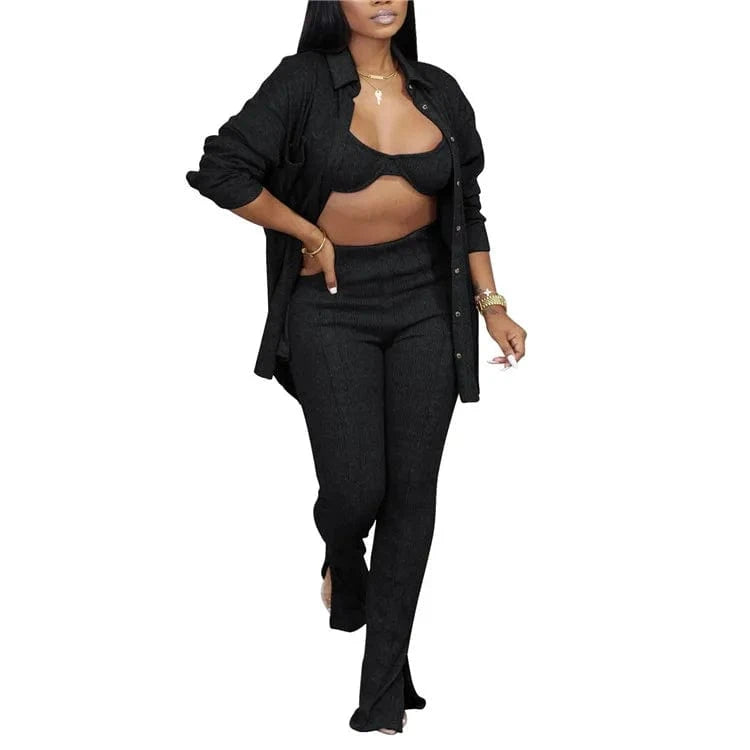 S / Black 2024 New Fashion 3 Piece Outfits Matching Sets Women Knit Cardigan Cropped Bra Tops Flare Spilt Pants