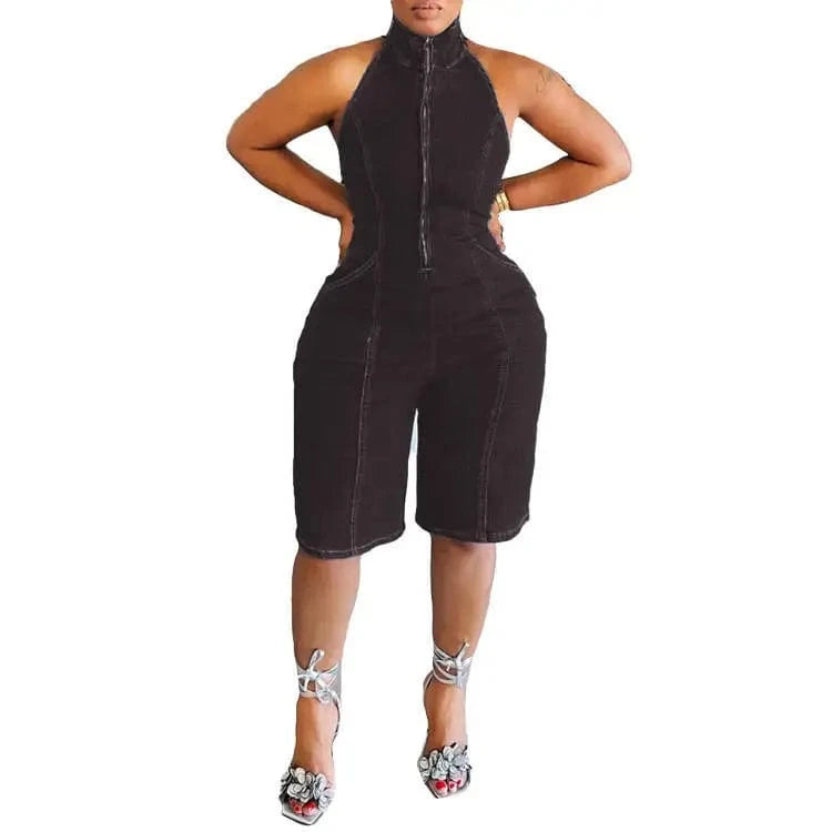 S / Black 2024 New Fashion Jean Women Summer Clothing Solid Color Mock Neck Half Zip Up Jumpsuit Sleeveless One Piece Stretch Denim Romper