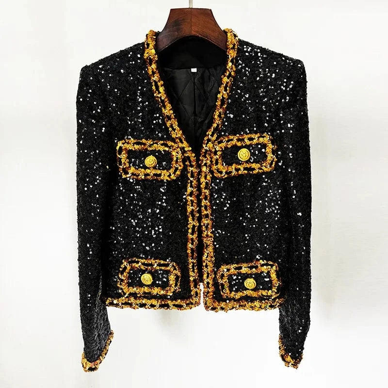 S / Black 2024 Newest Lady Fine Workmanship All Over Sequins Coat V-neckline Long Sleeve Women Fashion Shinny Short Jacket