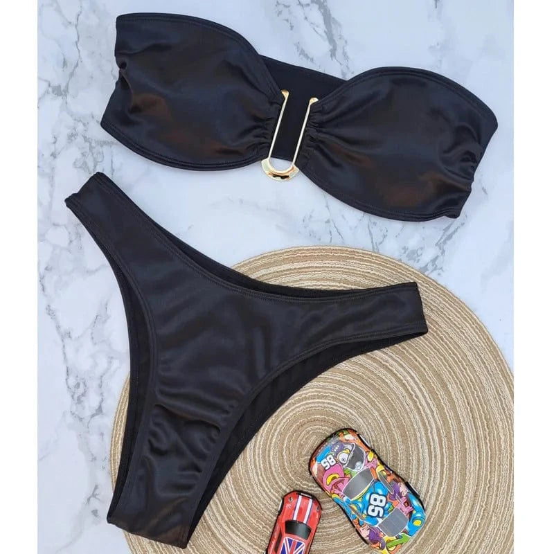 S / Black 2024 Nwt U Ring Low Cut Bandeau Swimwear Bikini Sets High Cut Strapless Swimsuit Summer Beach Bahing Suit
