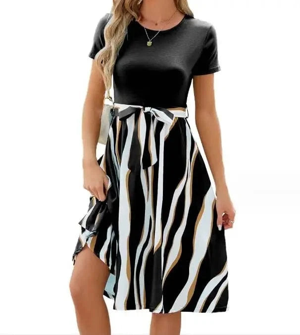 S / Black 2024 Spring Summer Women Causal Dress Solid Color Patchwork Printed Short Sleeve O-Neck Lady's Midi Casual Hem Dress