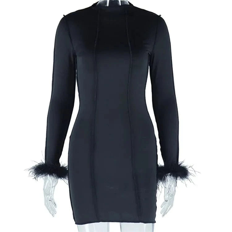 S / Black 2024 Spring Women Long Sleeve Fur Patchwork Bodycon Streetwear Red Mini Dress