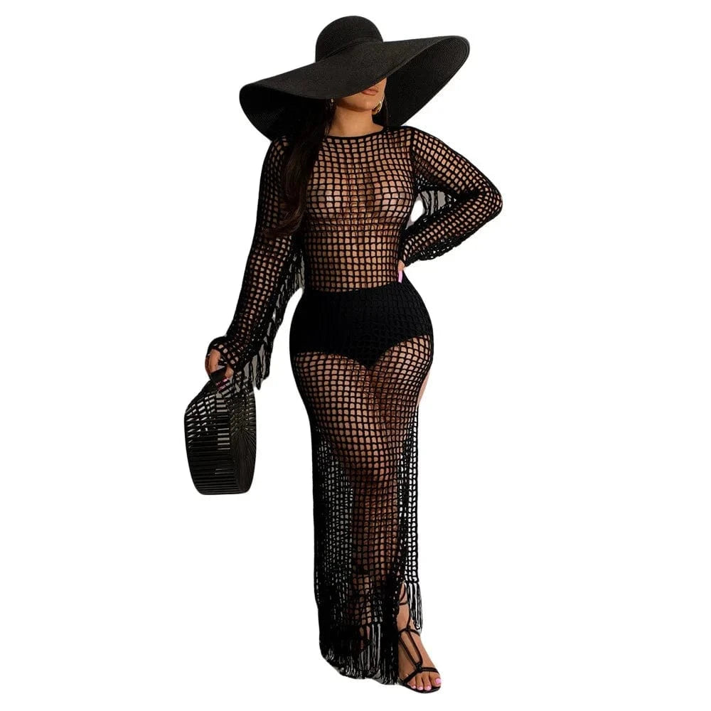 S / Black 2024 Summer Fashion New Knitted Tassel Beach Skirt Hollow Perspective Sexy Dress For Women